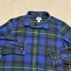 LL Bean Shirt Womens XL Petite Blue Green Plaid Flannel Button Up Long Sleeve
